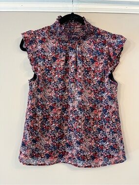Banana Republic Navy & Pink Floral Ruffle Mock-Neck Blouse